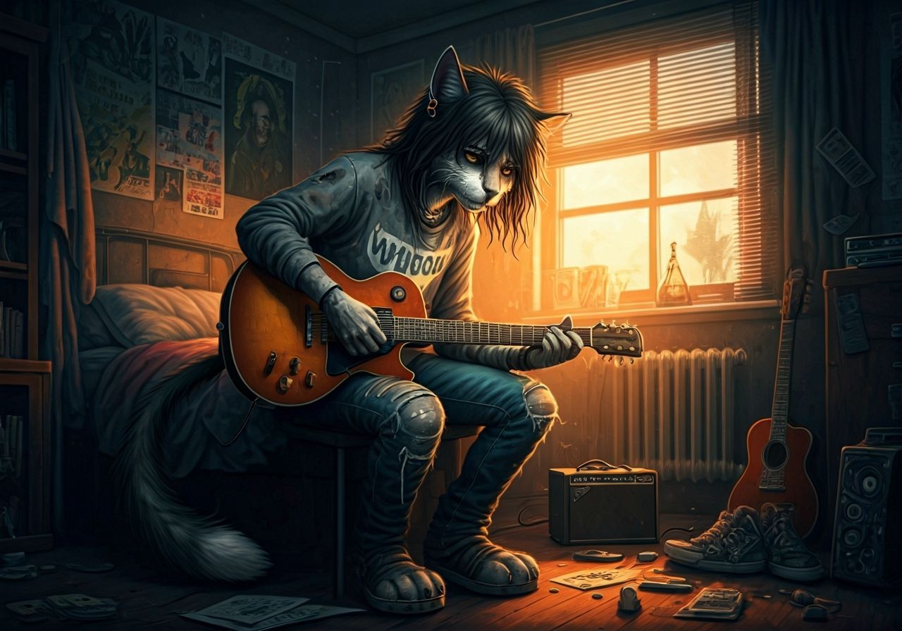 Grunge Cat Guitarist in Hyperdetailed Charcoal Watercolor St...