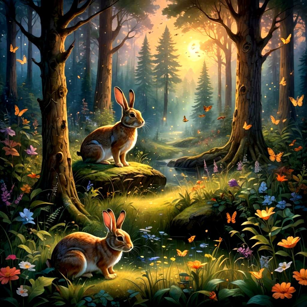 Rabbit Finds Friendship in Ethereal Forest Scene