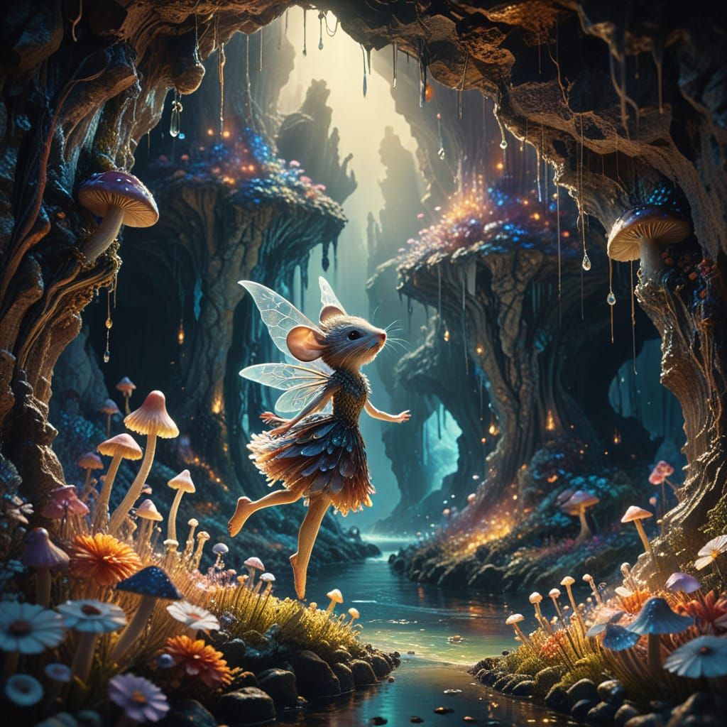 Whimsical Cave Fairy Amidst Glowing Mushrooms