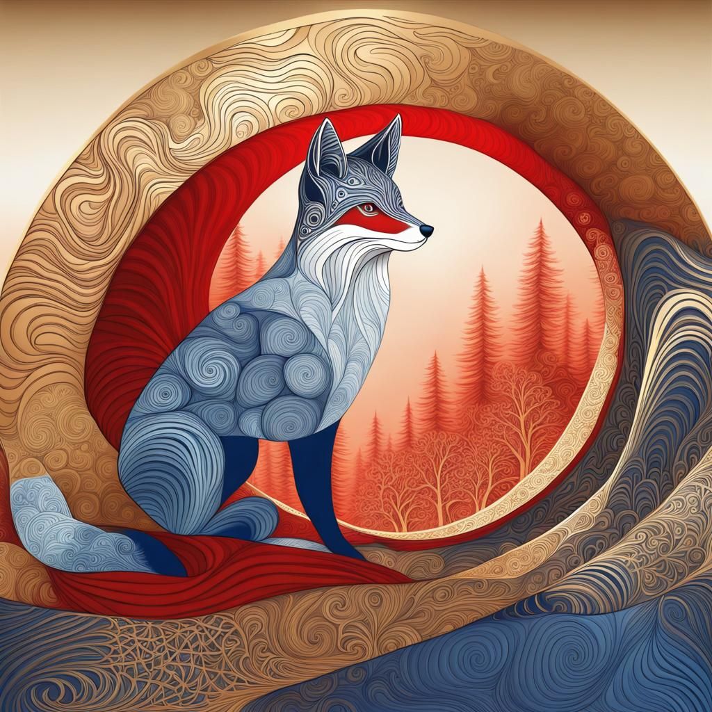 Blue and Gold Fox in Winter Forest