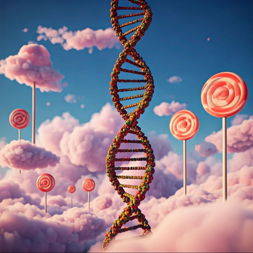 Beaded DNA Helix in Surreal Candyland: Digital Art