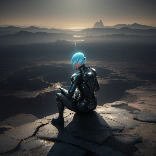 Contemplative Android in Barren Landscape - 3D Anime Art