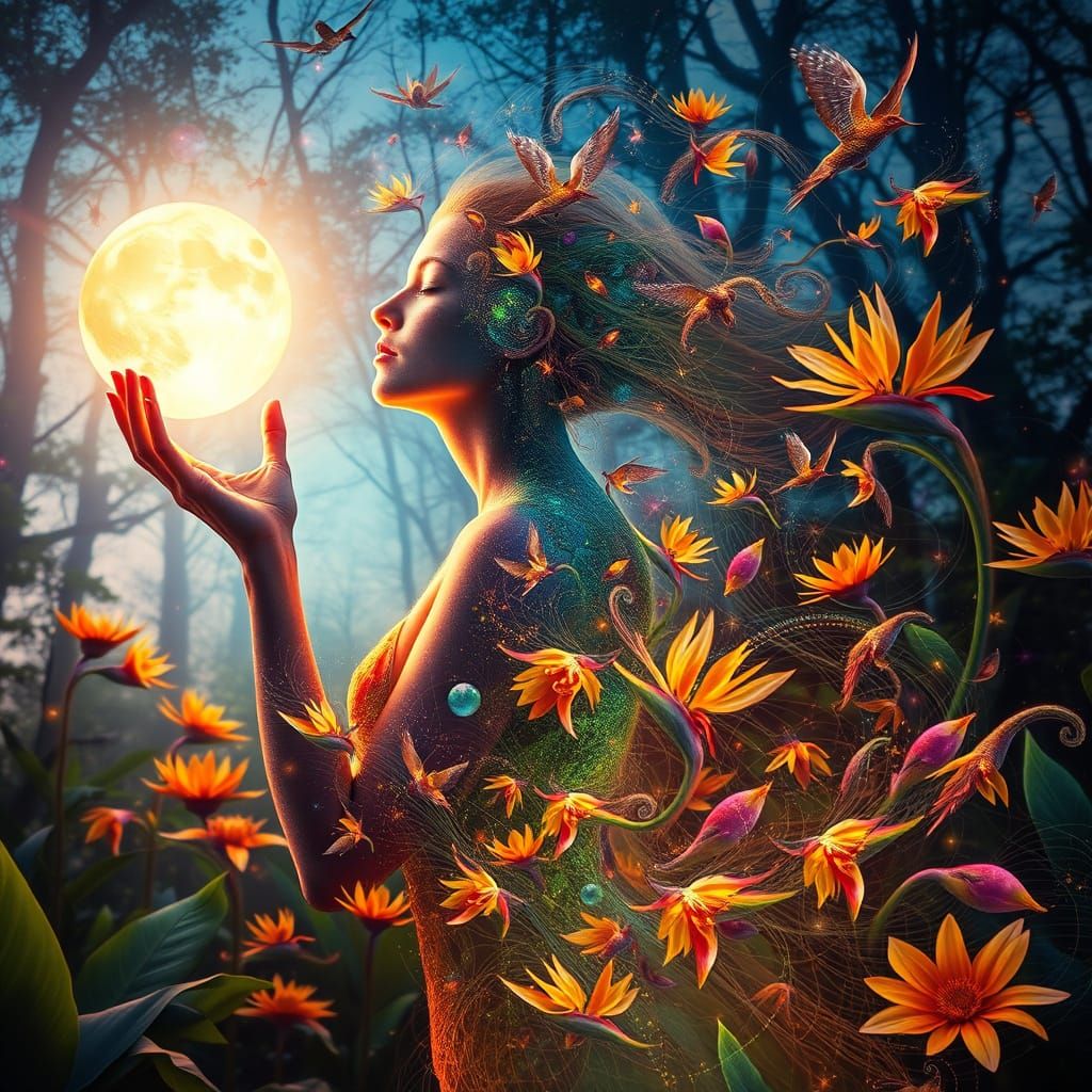 Dreamlike Transhumanist Goddess in Cosmic Forest