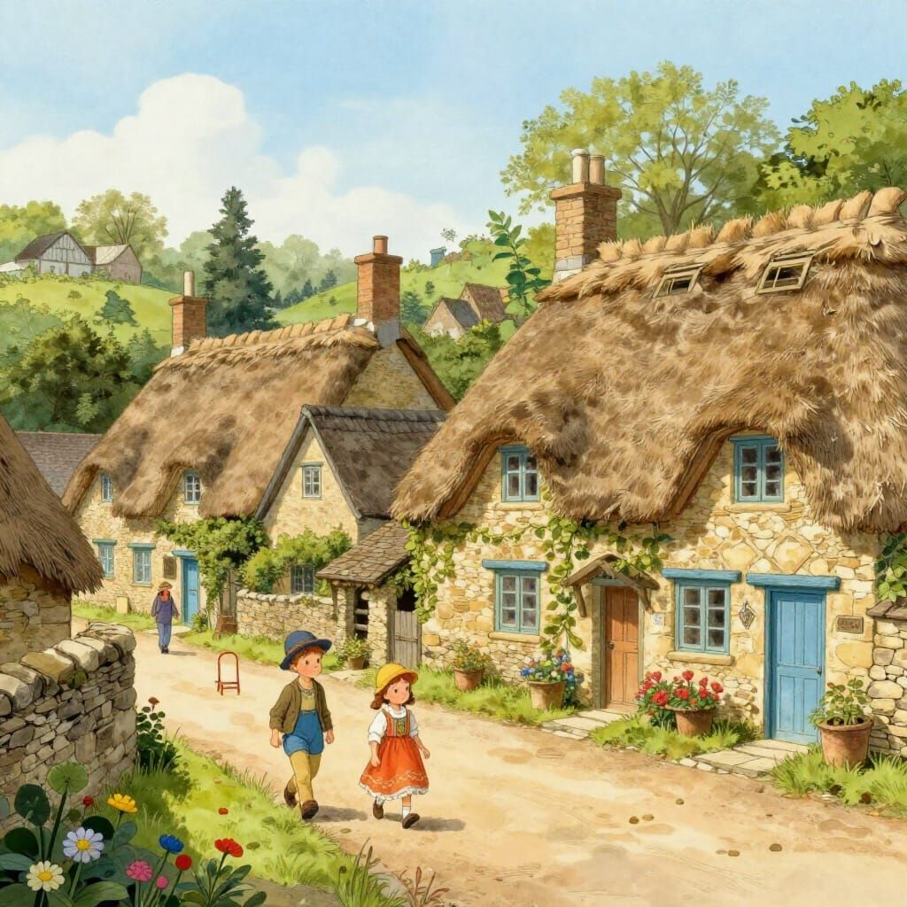 Whimsical Village Illustration in Storybook Style
