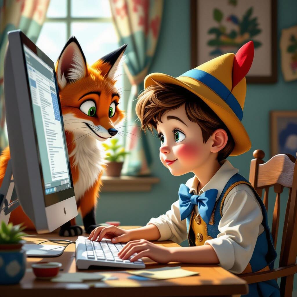 Pinocchio at Computer with Fox and Cat: Hyperrealistic Art