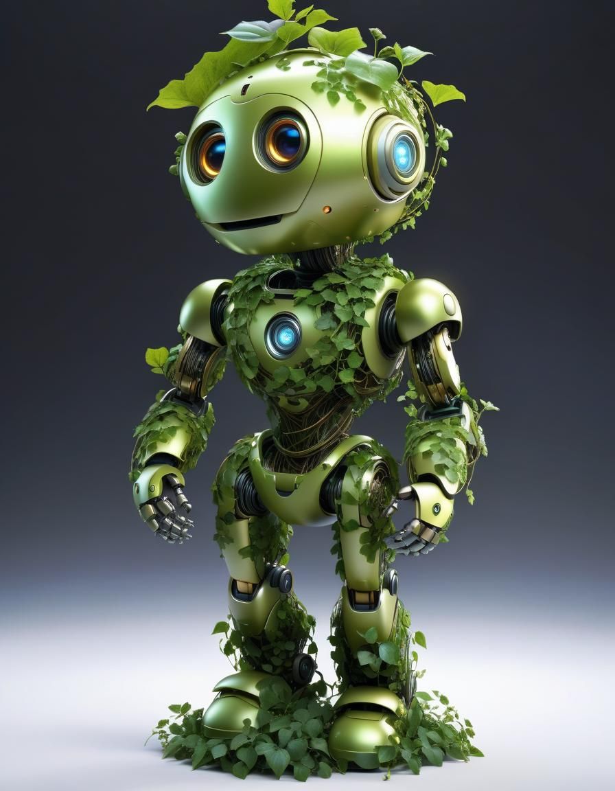 Hyperrealistic Robot Covered in Vines