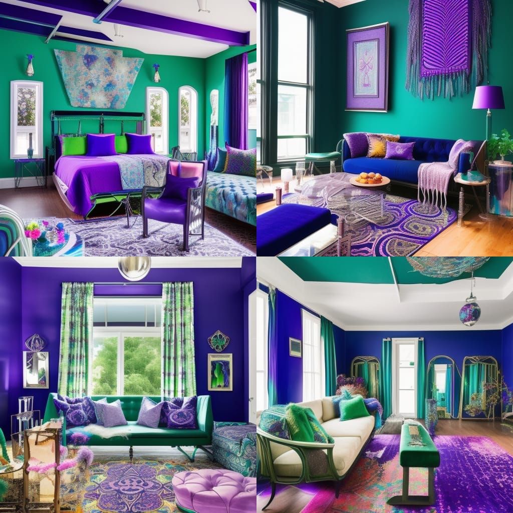 Witchy cobalt blue& purple colored walls penthouse with Silver frames& Emerald green accents& psychedelic witchy purple ...