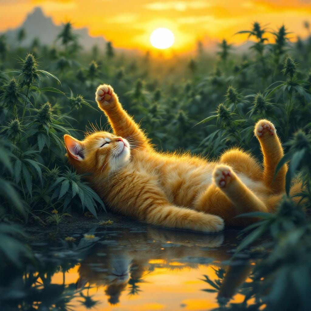 Yellow Cat Gazing Skyward in Cannabis Field