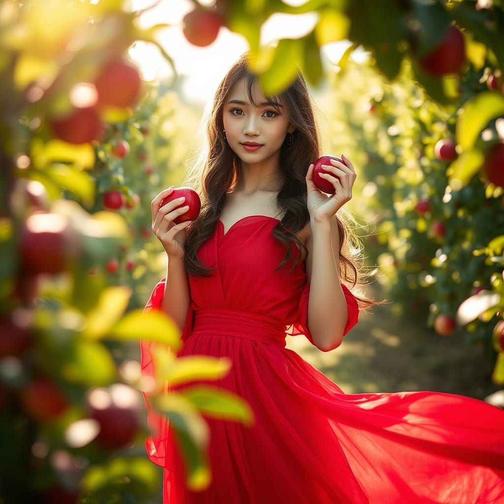 Japanese Girl in Orchard with Red Apple