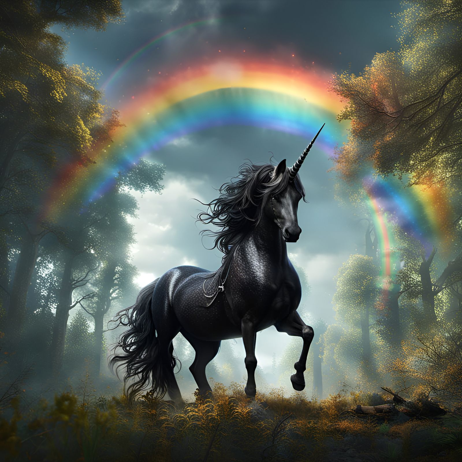 Black Unicorn with Rainbow in Forest: Fantasy Art