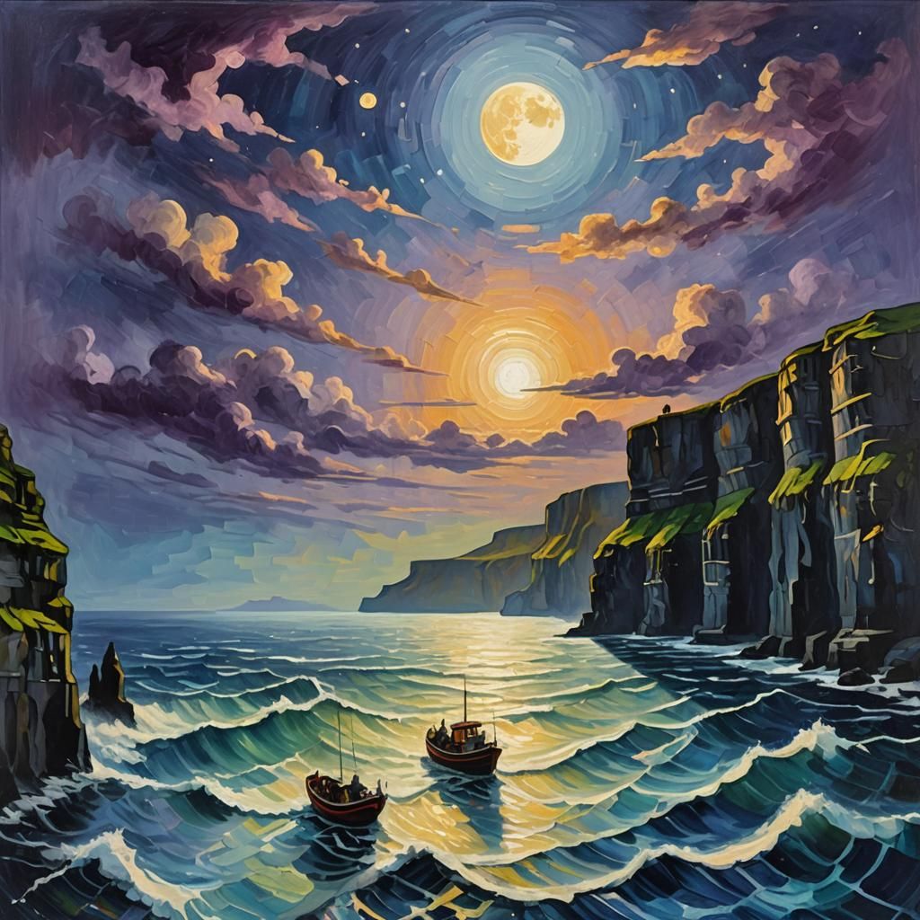 Cliffs of Moher: Expressionist Oil Painting with Moon