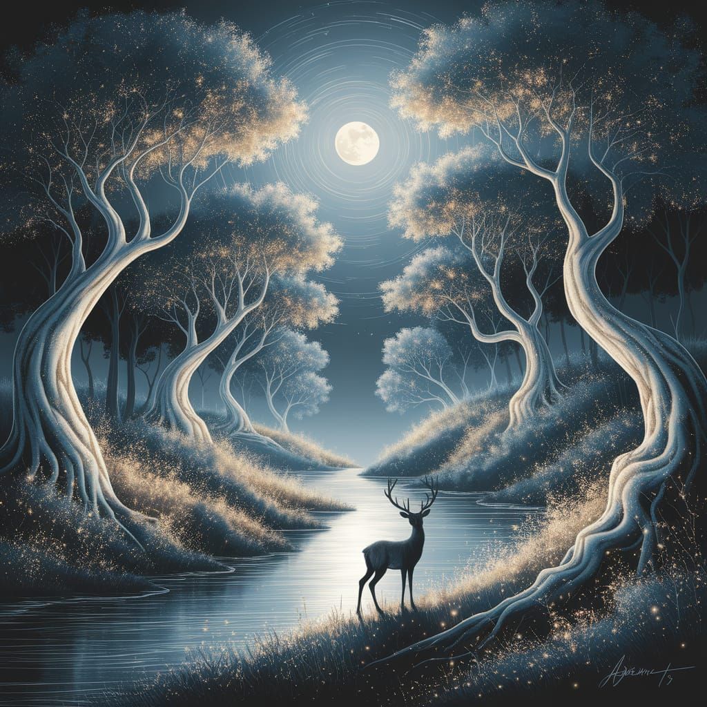 Mystical Forest at Night: Impressionist Fantasy Landscape