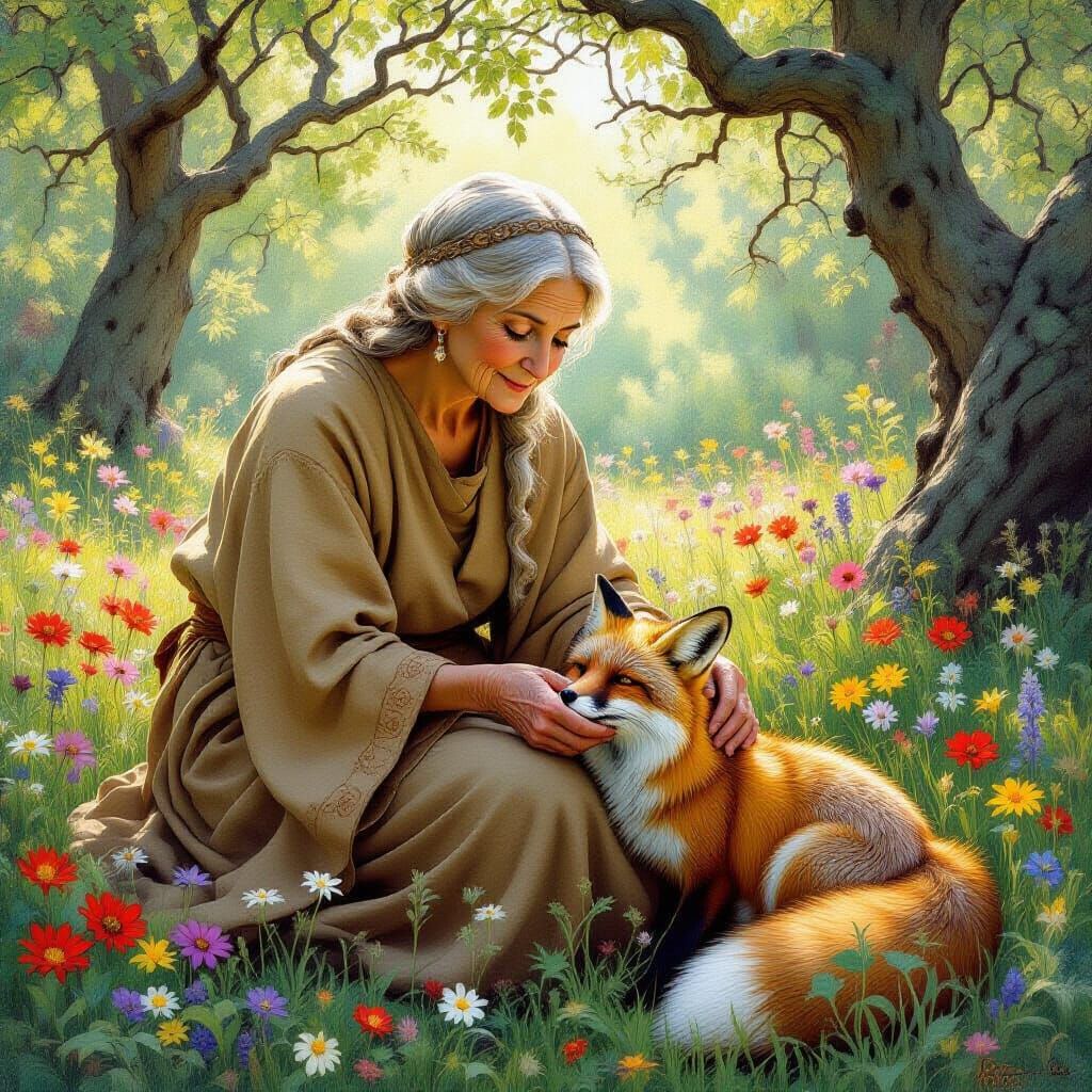 Medieval Healer Tending Wounded Fox: Art Nouveau