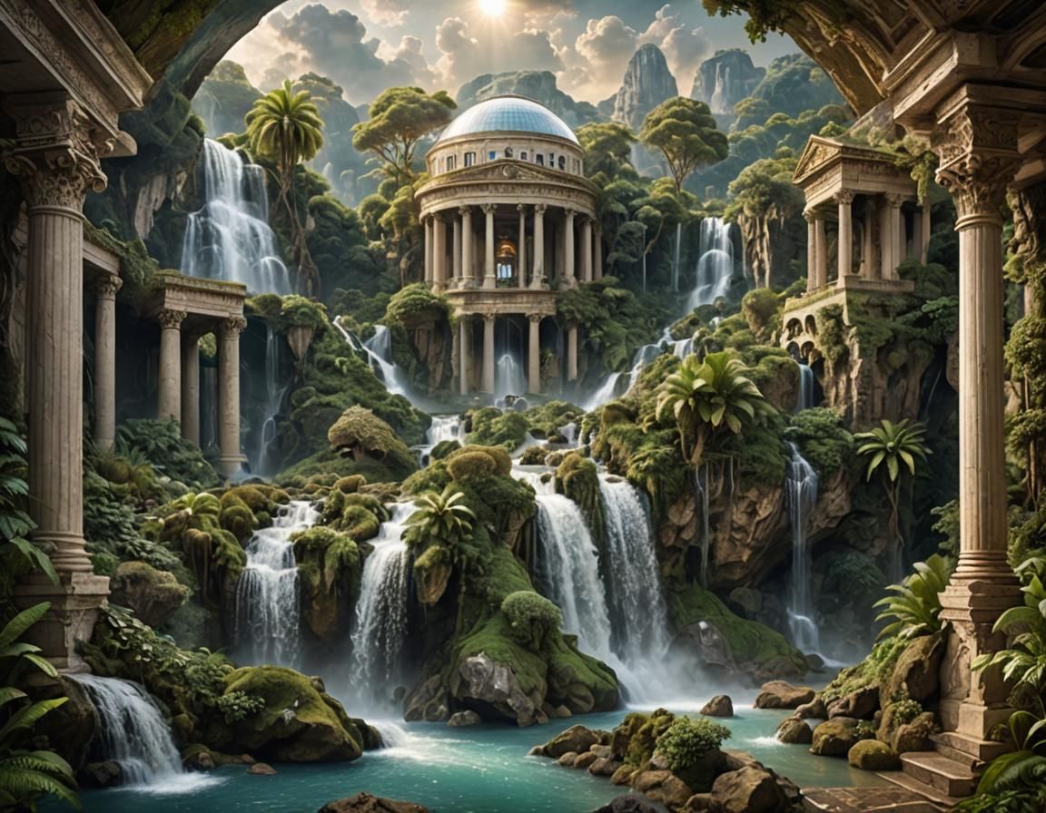 Glass Dome Ecosystem: Waterfalls and Ornate Filigree