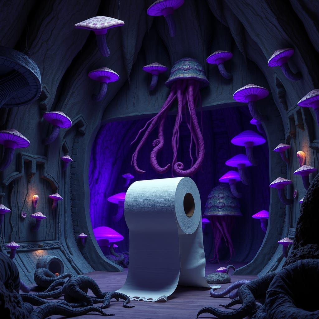 Surreal Lovecraftian Cavern with Uncanny Toilet Paper