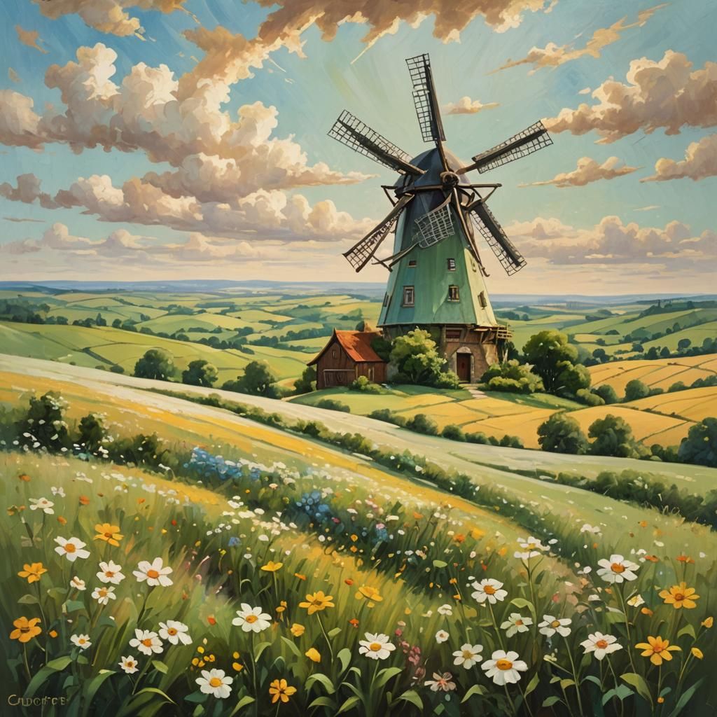 Idyllic Danish Windmill in Impressionist Oil Painting
