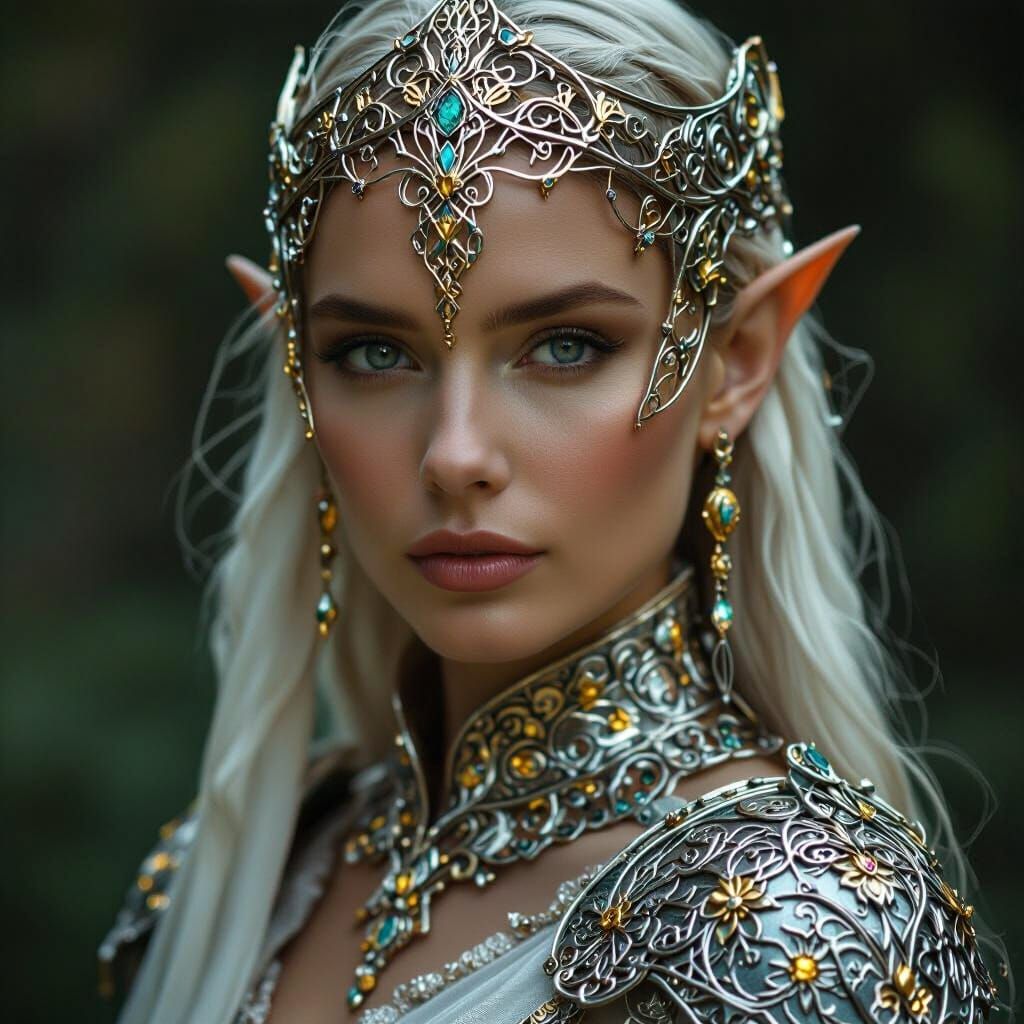 Regal Elven Priestess in Ornate Silver Armor