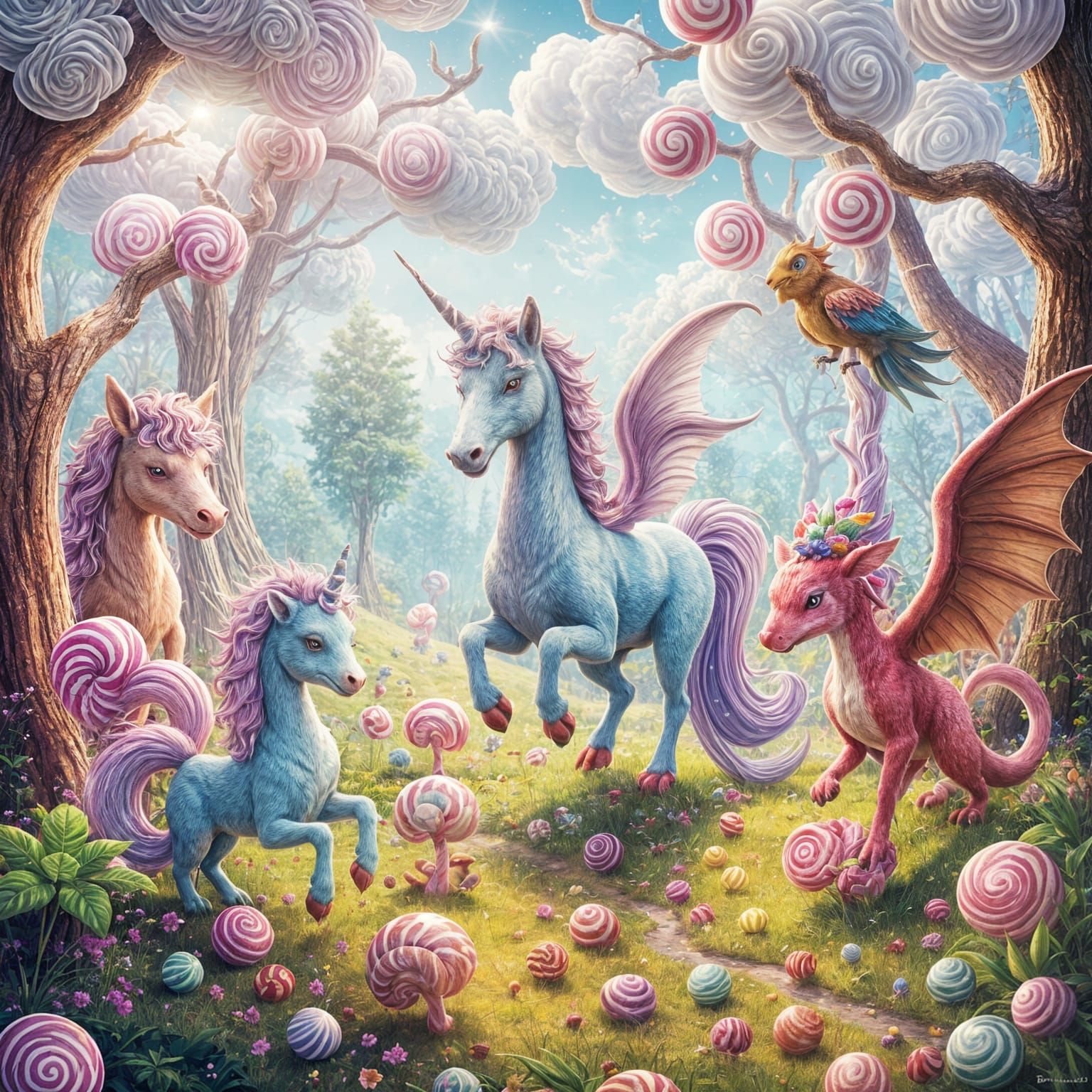 Mystical Creatures Gather in Whimsical Candy Wonderland