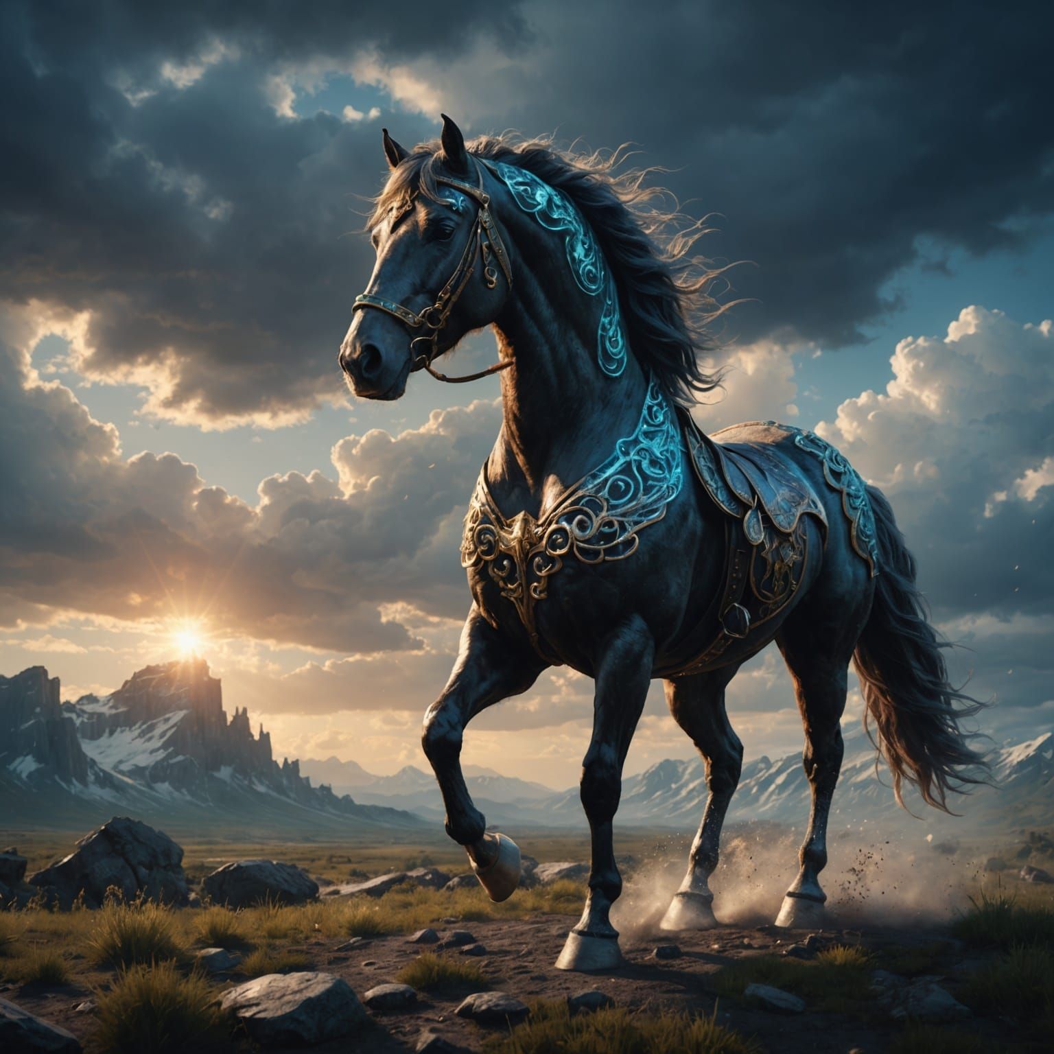 Magical Lighting Horse with Cloudy Background