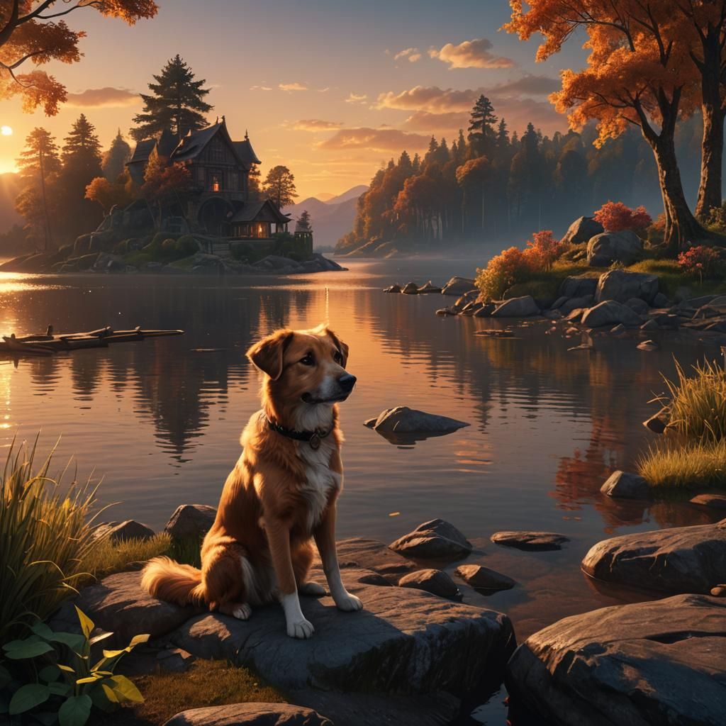 Dog Watching Sunset: Detailed Matte Painting