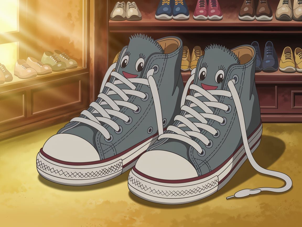 Anime-Style Sneakers in Cozy Vintage Shoe Store at Sunset