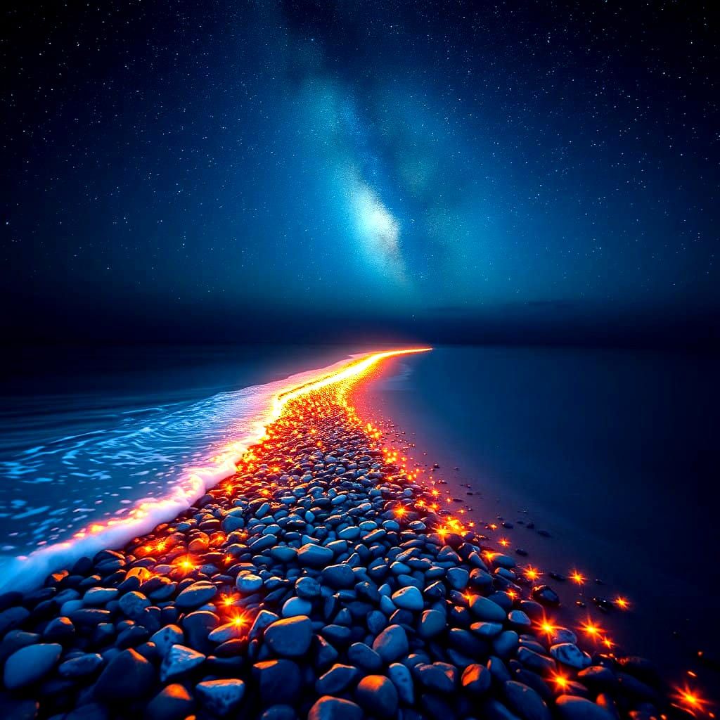 Dreamy Beach Scene at Twilight with Shimmering Garland of Li...