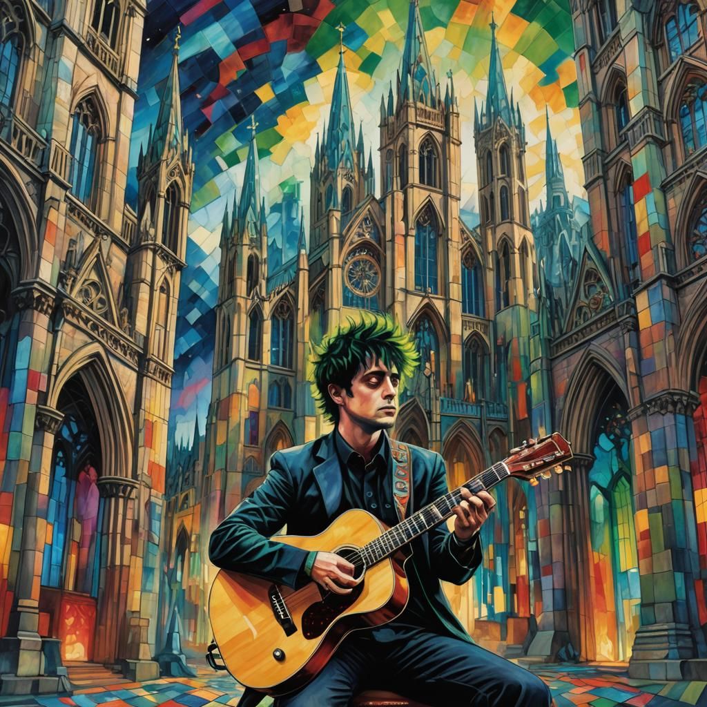 Musician Plays Guitar in Rothko-Inspired Cityscape