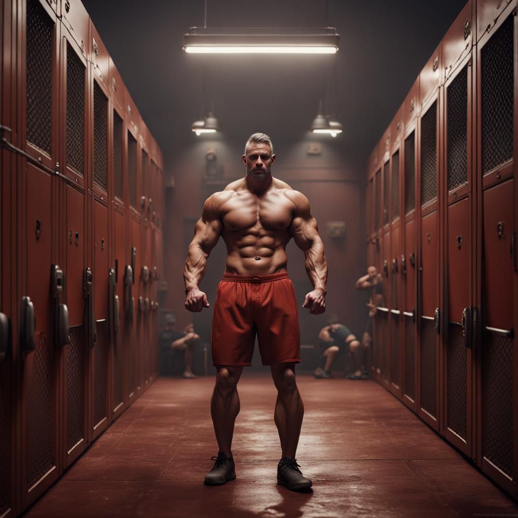 Muscle Men in Locker Room: Detailed Fantasy Art