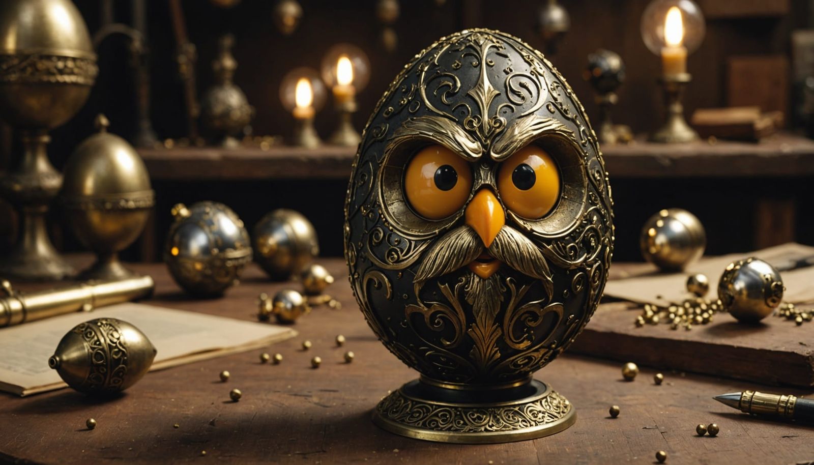 Angry Steampunk Egg in Dimly Lit Workshop