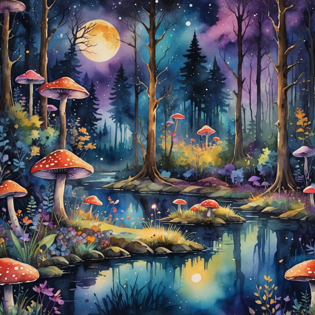 Expressionist Watercolor Fairytale Forest Under Moonlight
