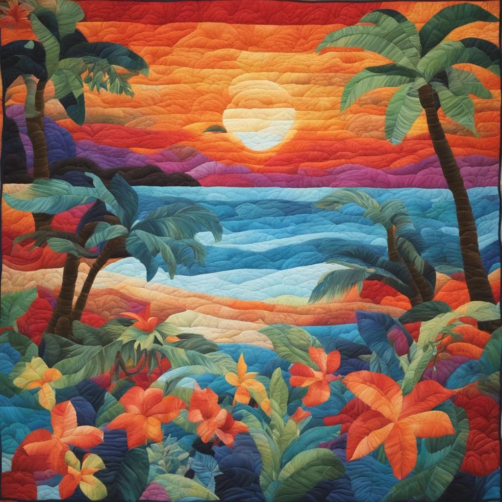 Tropical Beach Sunset in Colorful Quilt
