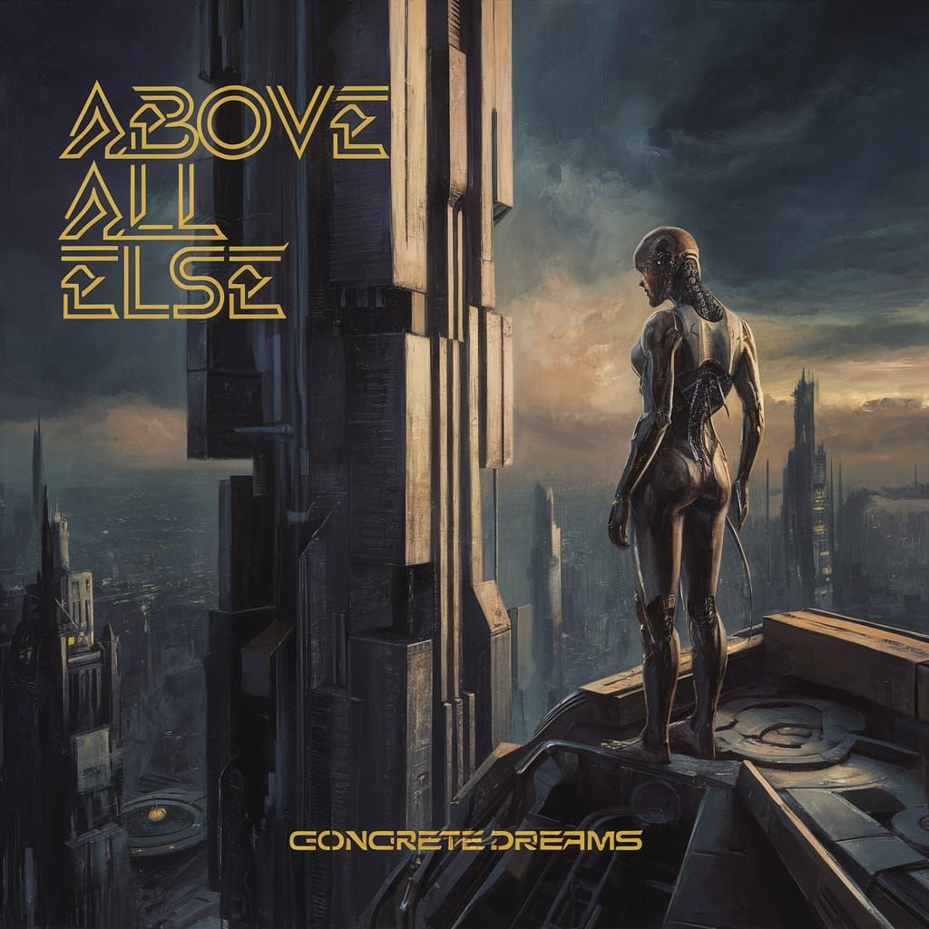 Cyborg in Dystopian City: Album Art in Futuristic Style