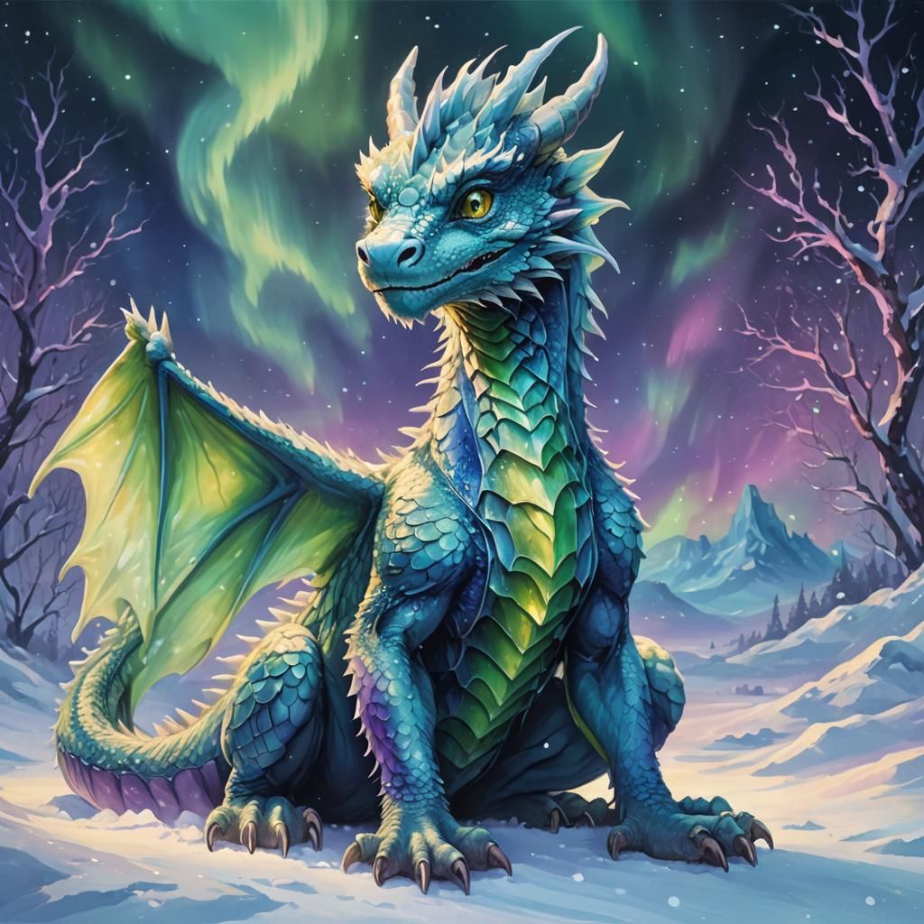 Baby Blue Dragon in Winter Wonderland Painting