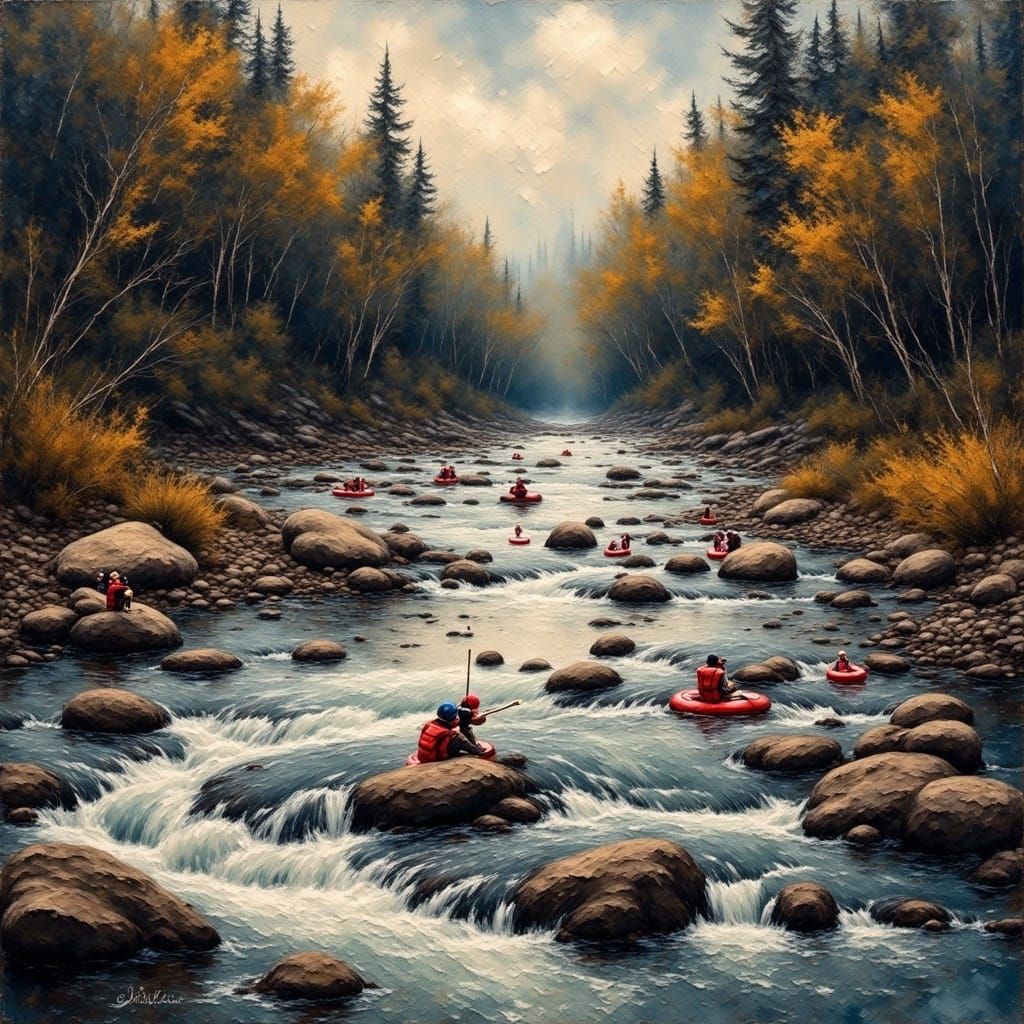 Raging River Rapids in Grungy Oil Painting Style