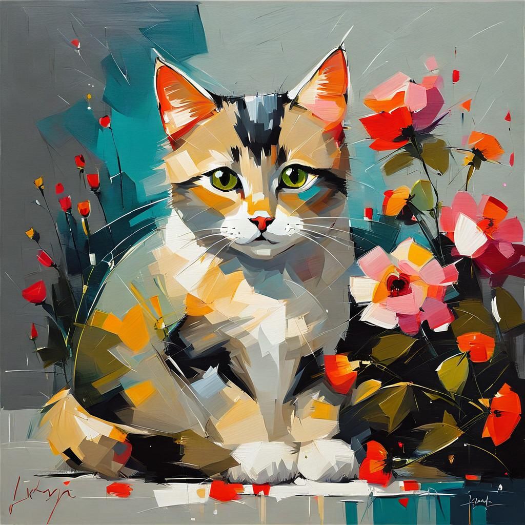 Vibrant Expressionist Art of a Cat Surrounded by Blooms