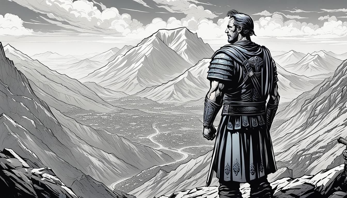 Roman General Contemplates Mountains in Comic Style