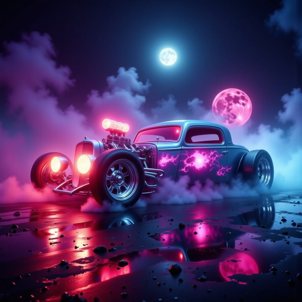 A ghost hot rod with glowing phantoms and neon orbs painted ...