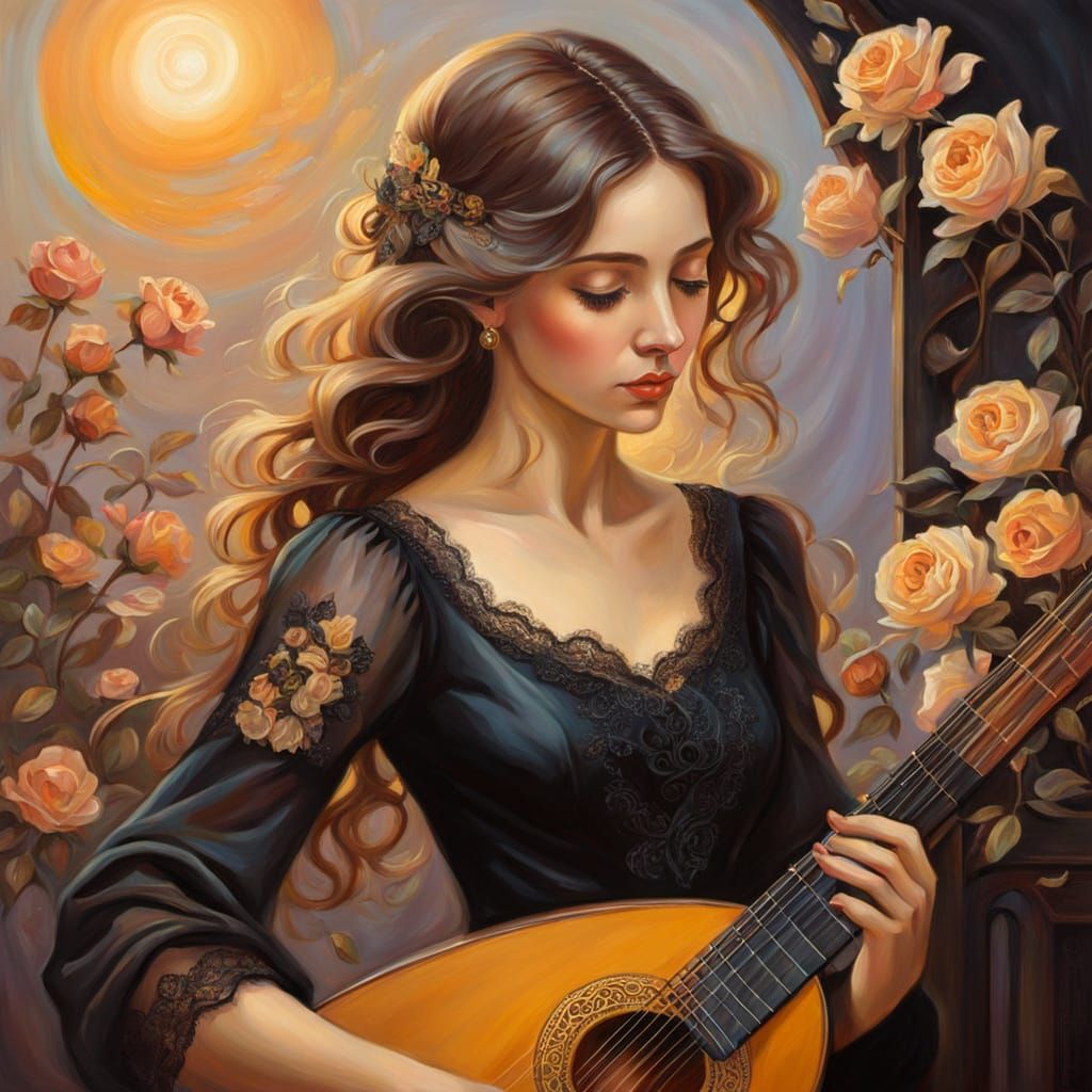 Woman with Lute in Art Nouveau Oil Painting