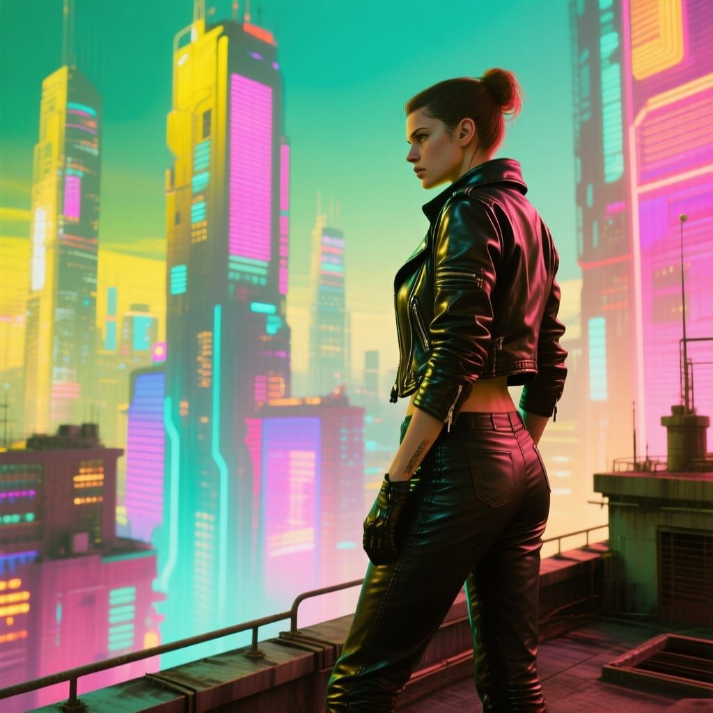 Cyberpunk Woman Overlooking Neon Cityscape