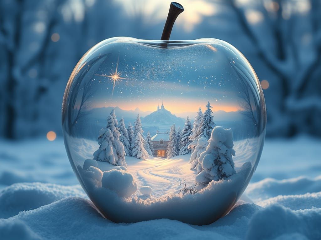 Winter Landscape Inside Transparent Apple, Hyperrealistic