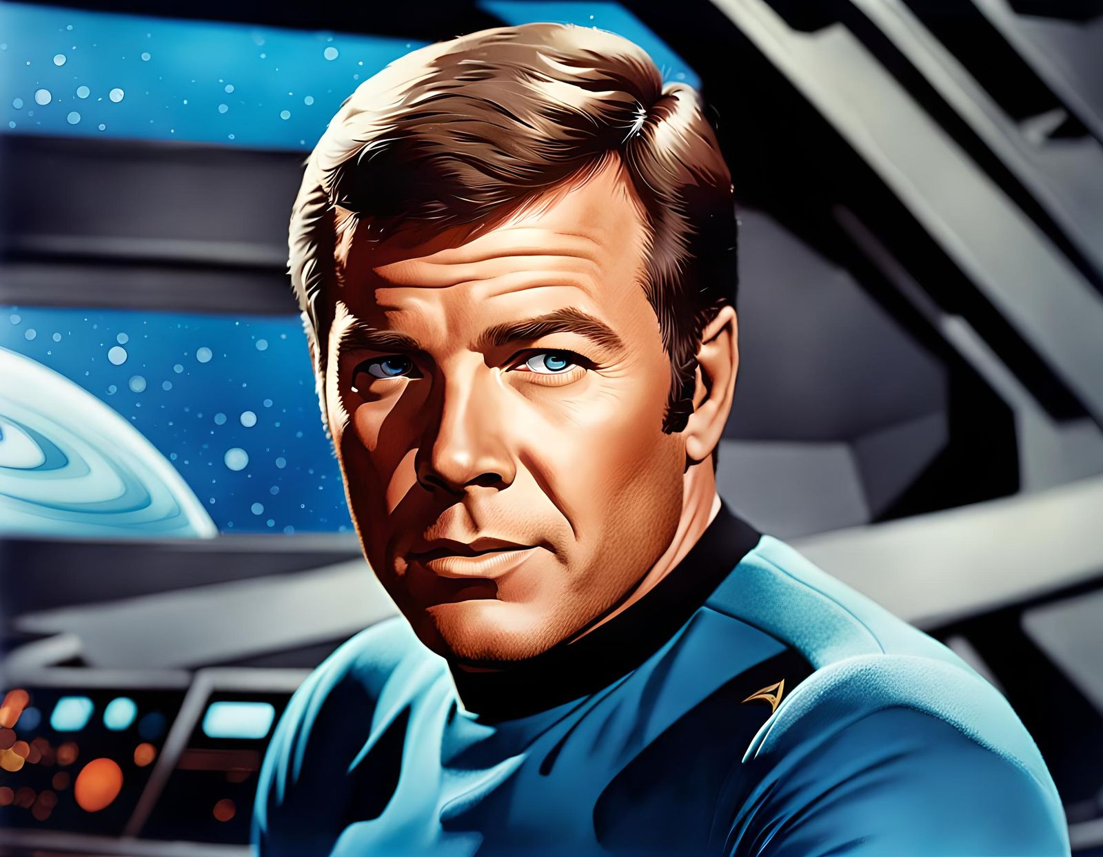 Captain Kirk Watercolor Illustration on Enterprise Bridge
