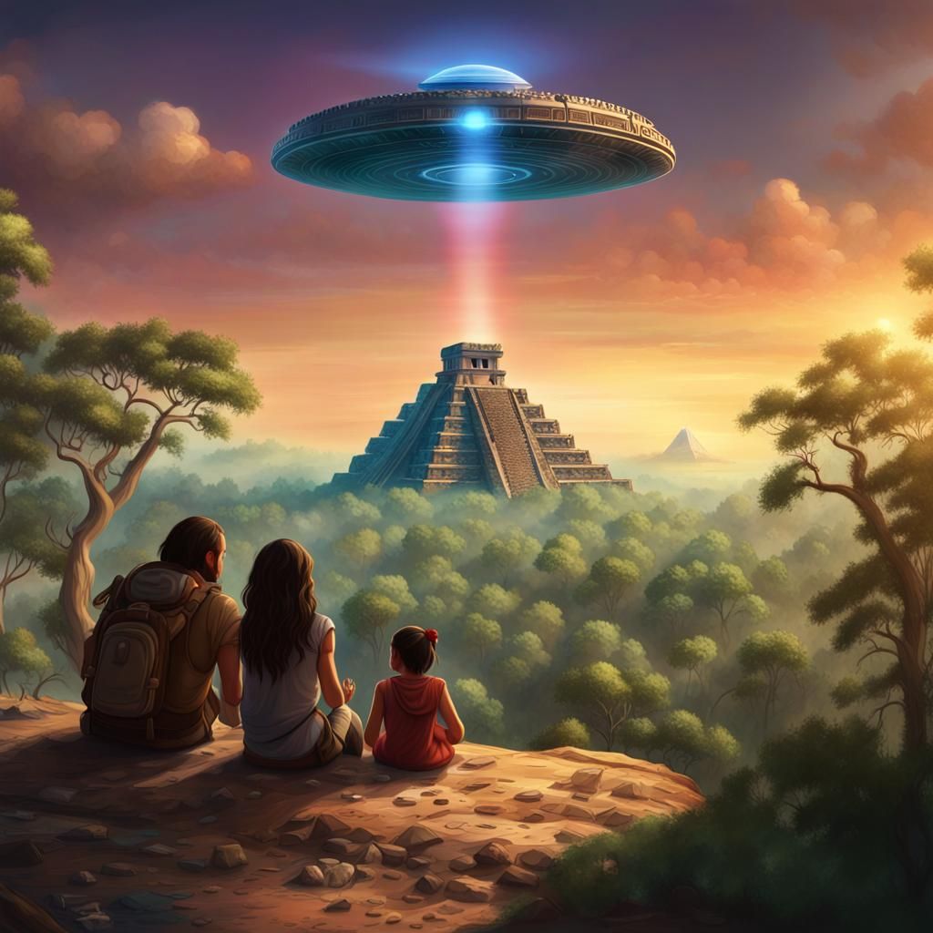 Mayans Observe UFO Over Pyramid in Digital Art