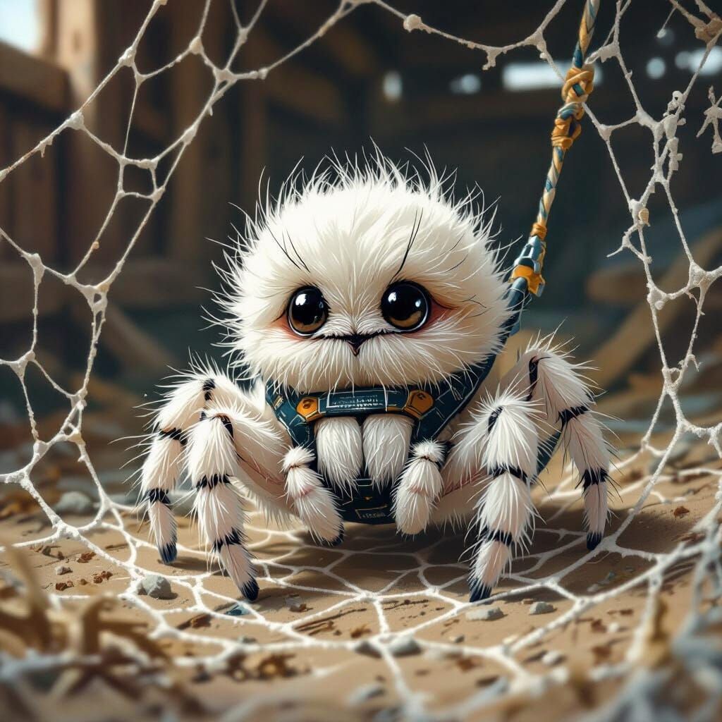 Cute Fluffy Baby Spider in Rustic Barn