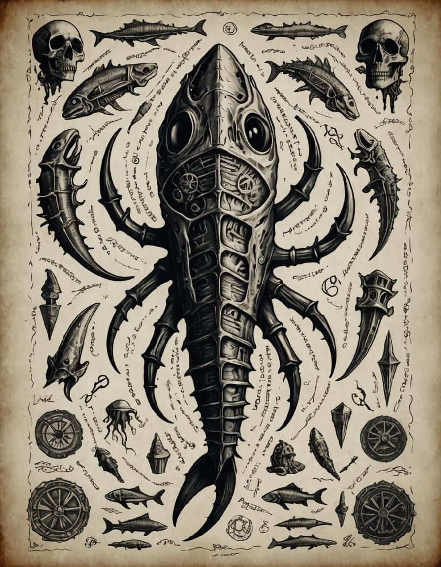 Anatomical Drawing of a Lovecraftian Horror Fish