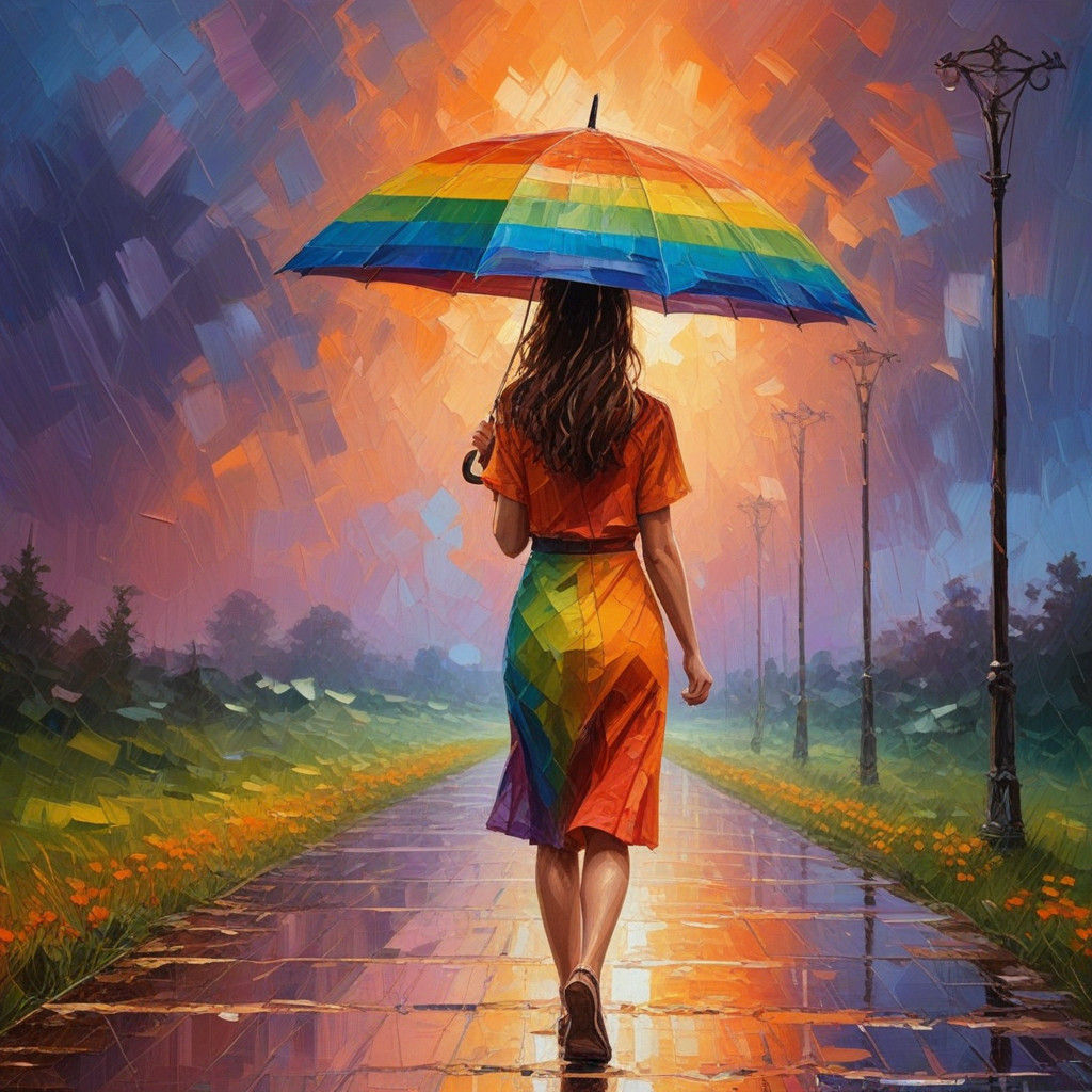 beautiful woman with umbrella, walking in the rain,  rainbow, sunset orange with rainbow landscape, detail, magnific...