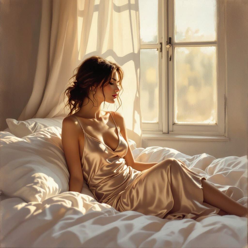 Woman in Silk Slip Dress in Bed at Golden Hour