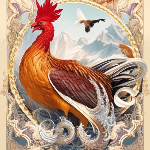 Elaborate Rooster Collage Illustration in Hyperrealism