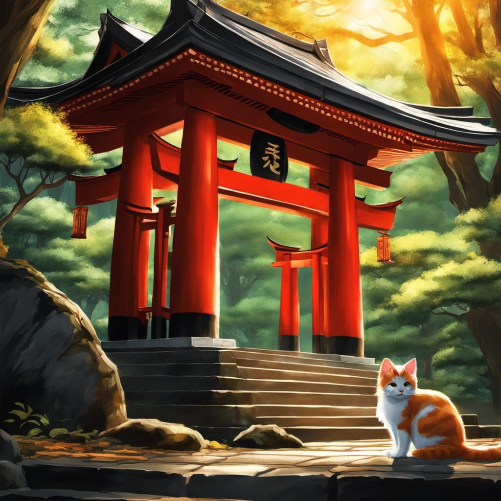 Cat at Shinto Shrine in Anime Style