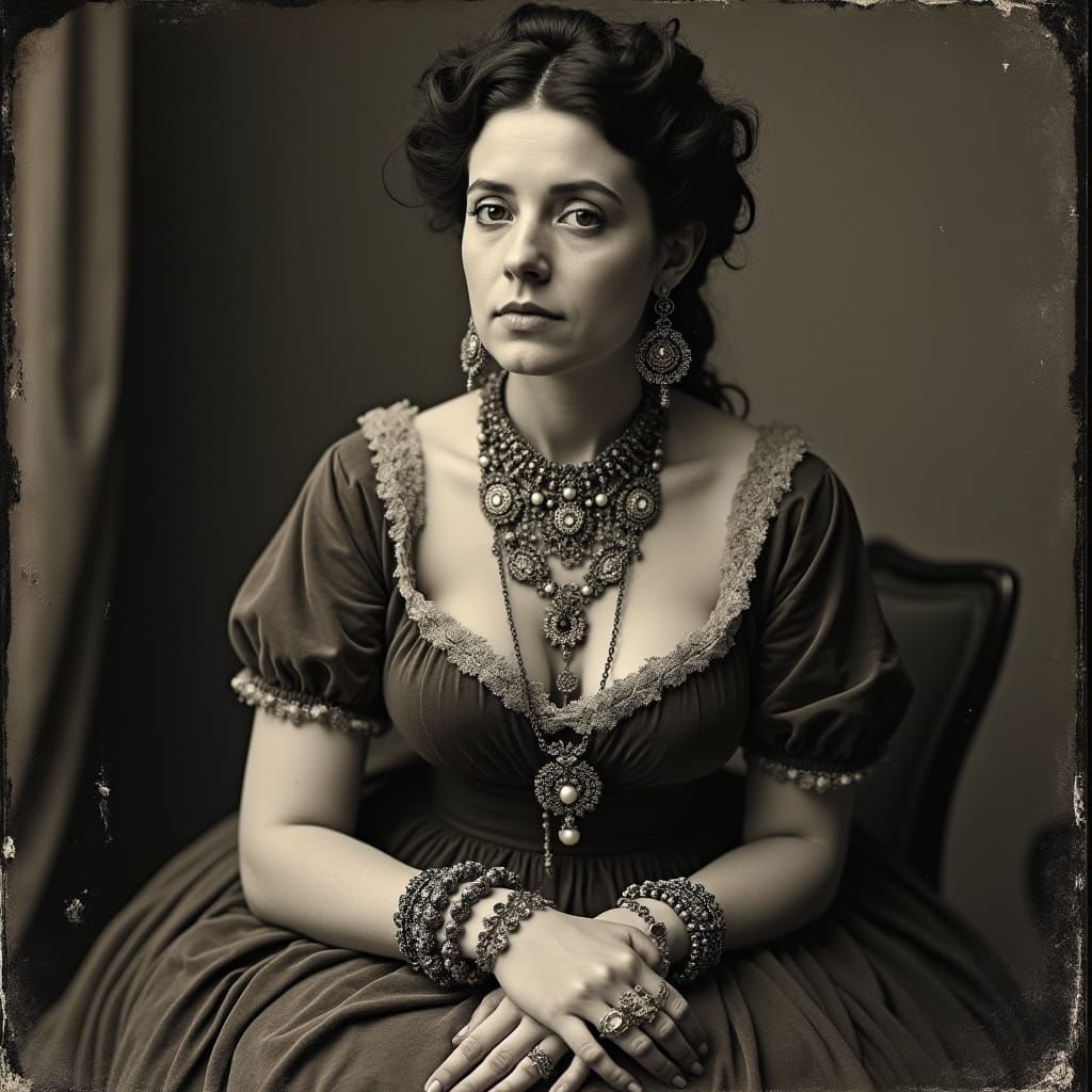 Woman with Antique Jewelry in Daguerreotype Photograph
