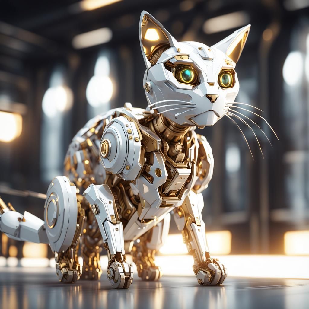 Futuristic Gold and White Cat Robot in Sci-Fi Style